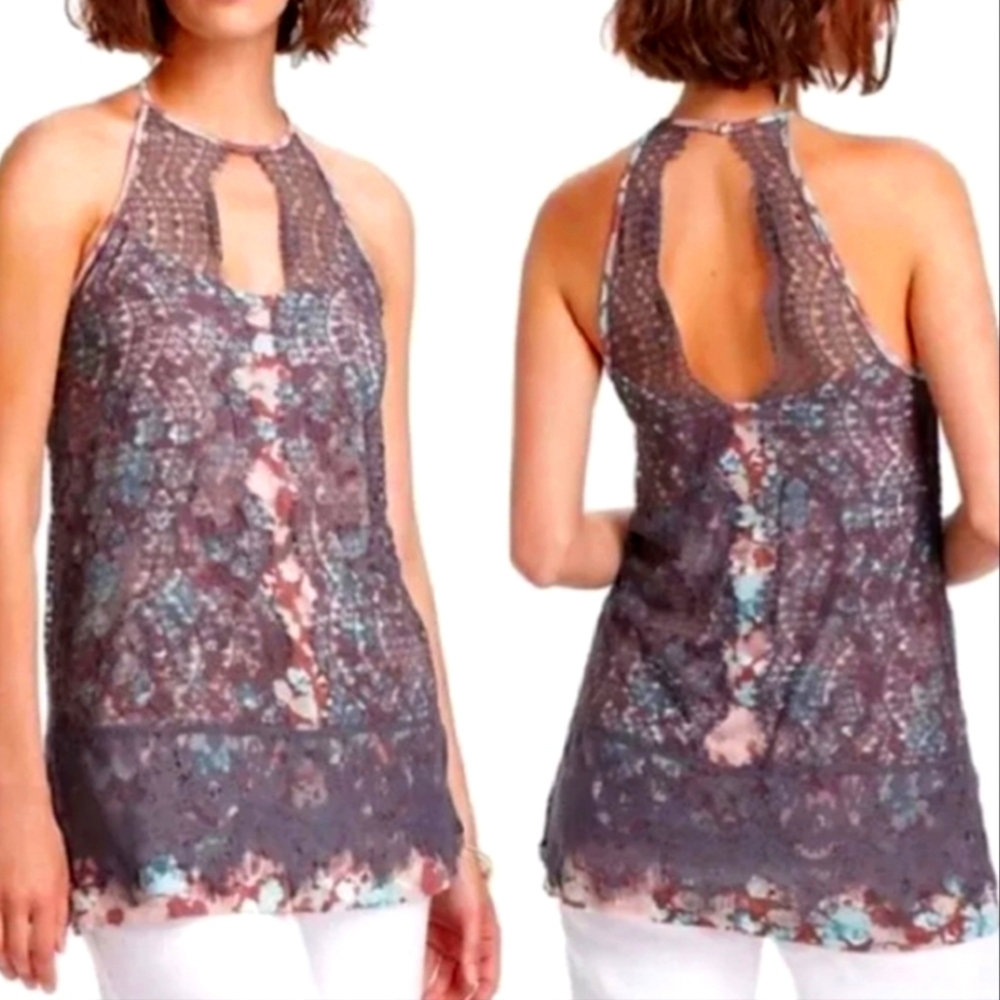 Anthropologie Floral Lace Halter Stretch Tank Top, Size S